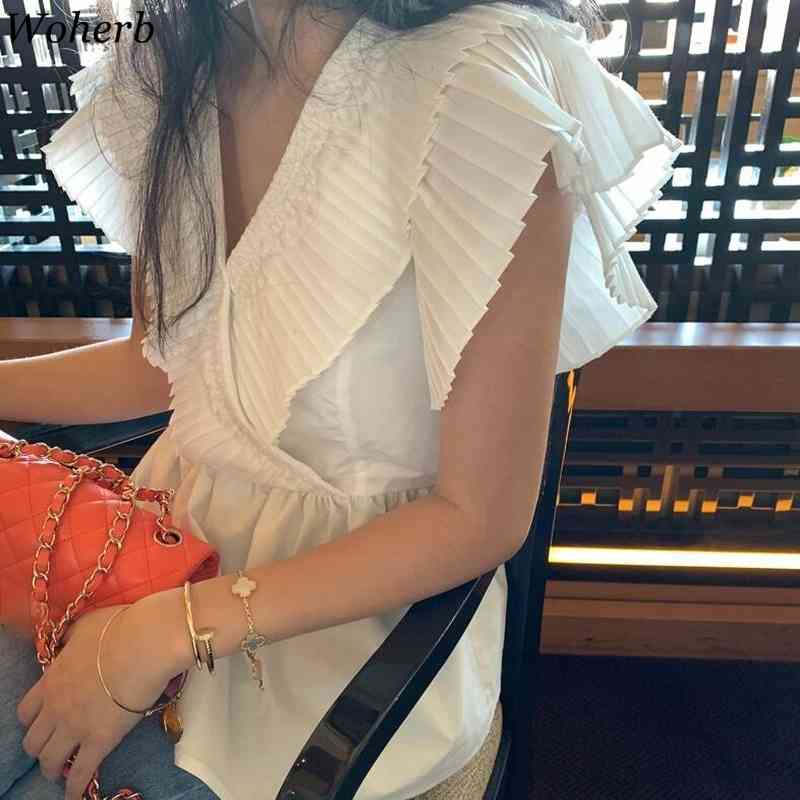 Ruffle Patchwork Flying Sleeve Shirt Lady OL Brief Chic Blouse Stylish Femme All Match White Shirts Sexy Streetwear 210519
