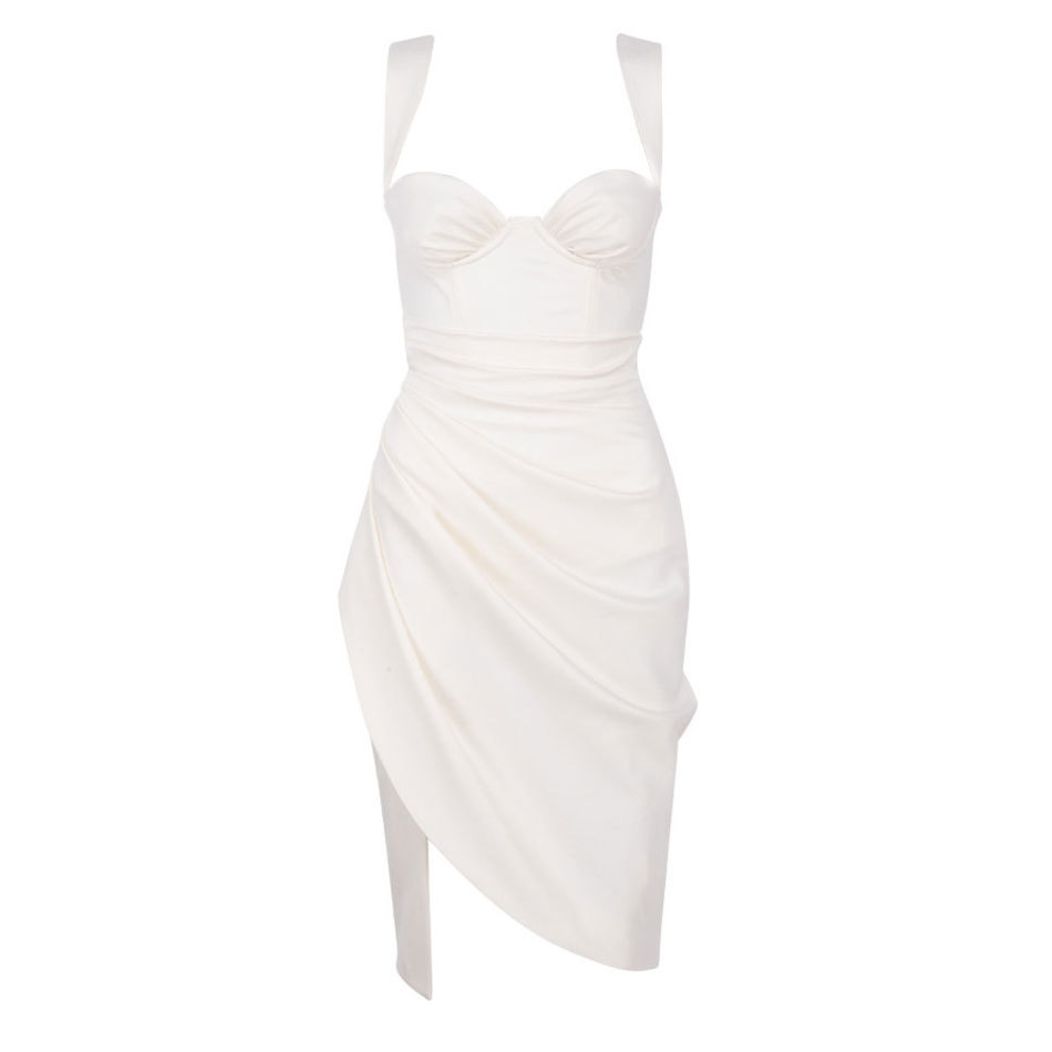 Free Chic Women Dress White Sexy Spaghetti Strap Sleeveless Draped Bodycon Irregular Club Party Vestidos 210524