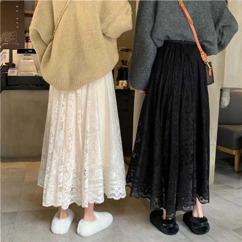 elegant Elastic High Waist Lace pleated skirt Womens Korean Elegant Casual A-line Black Long Skirt Female Summer clothes 210619wtt