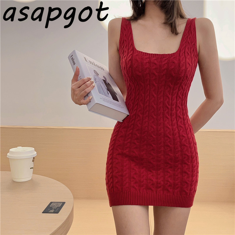 9 Color Korean Chic Simple Sexy Solid Slim Square Neck Sleeveless Knitted Tank Dress Women Mini Retro Casual Tight Wrap Hip 210429
