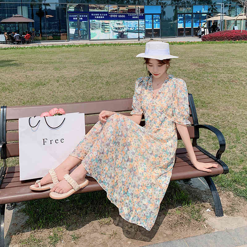 Prairie Style A-Line Chiffon Dresses For Women Oil Paint Floral Prints Dress Summer V-neck Short Sleeves Dress Vestidos 210515