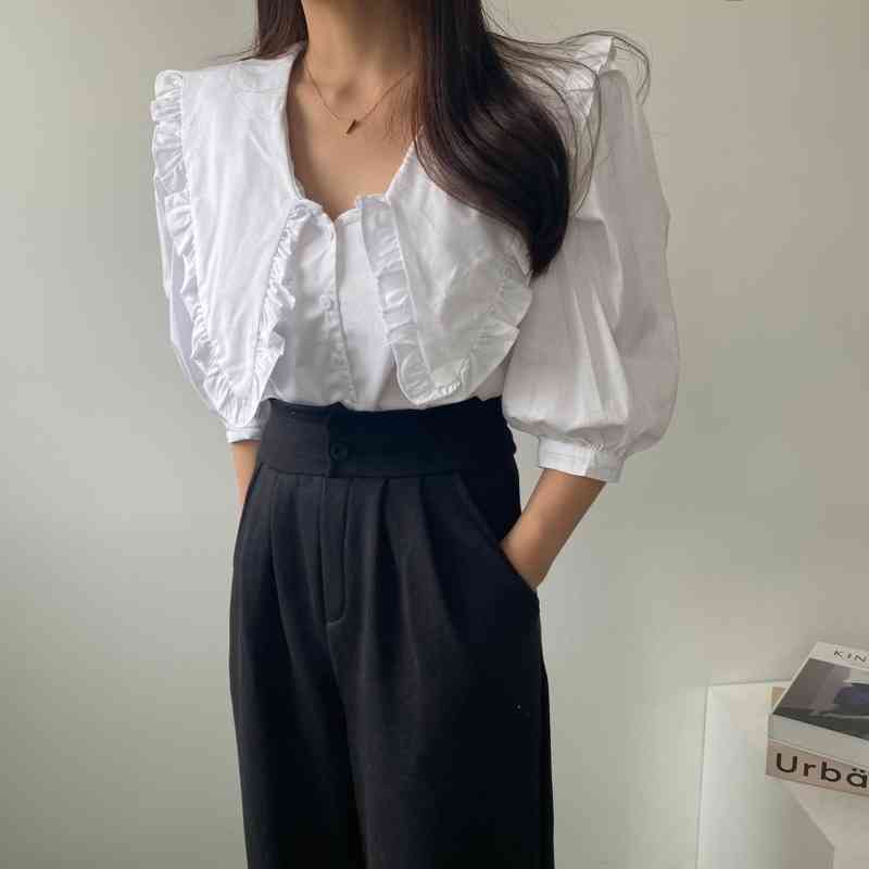 Korean Sweet Peter Pan Collar Lace Ruffled Shirt Women Summer Puff Half Sleeve Female Blouses Vintage Loose Ladies Tops 14252 210512