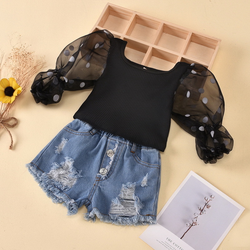 Clothing Sets Summer Baby Girl 2-pcs Black Polka Dot Sleeves Top + Denim Hole Shorts Kids Outfits E3027 KXNB
Clothing Sets Summer Baby Girl 2-pcs Black Polka Dot Sleeves Top + Denim Hole Shorts Kids Outfits E3027 KXNB