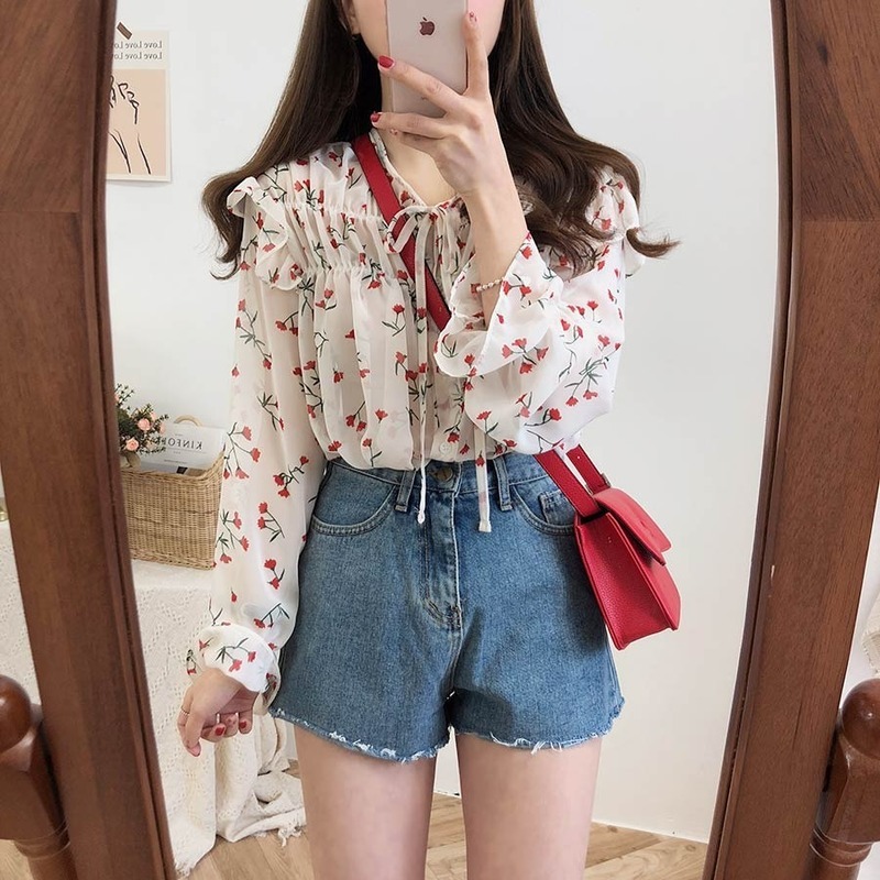 Women Floral Print Chiffon Shirts Casual Blouses Cardigan Ladies Tops Autumn Korean Puff Long Sleeve Blouse Bow Blusas10408 210506