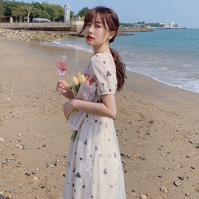 Summer Elegant Vintage Dress Women Casual Beach Party Dress Korean Short Sleeve Floral Midi Dress Female Lace 210521