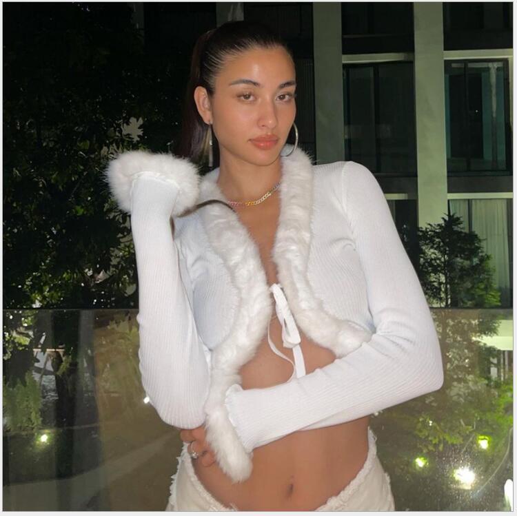 Women's Down & Parkas European And American Style Autumn Pure Color Plush Stitching Lace Cardigan Long-sleeved Top