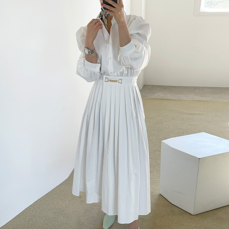 Elegant Solid Pleated Women Dresses Vintage Chic Slim Waist Turn Down Collar Femme Robe Puff Sleeve Vestidos 28177 210519