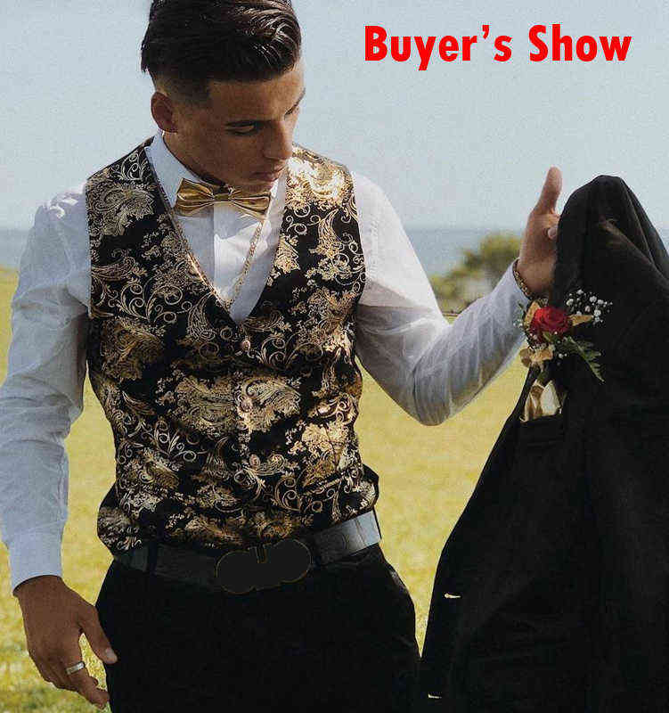 Gold Steampunk Vest Men Suit Gilet Homme Wedding Sleeveless Slim Fit Paisley Floral Dress Vests For Men Single Buttons Waistcoat 211111