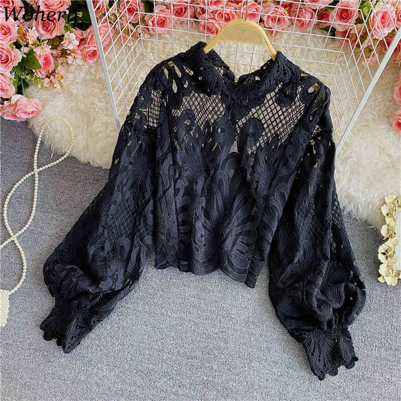 Blusas Mujer De Moda Stand Neck Lantern Sleeve Shirts Tops Hollow Out Chic Loose See Through Blouses Women 210519