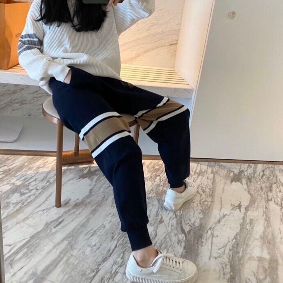 Nomikuma Hit Color Striped Women Sweater Pants Lace Up Waist New Trousers Autumn Winter Thicken Knitted Harem Pants 6C649 210427