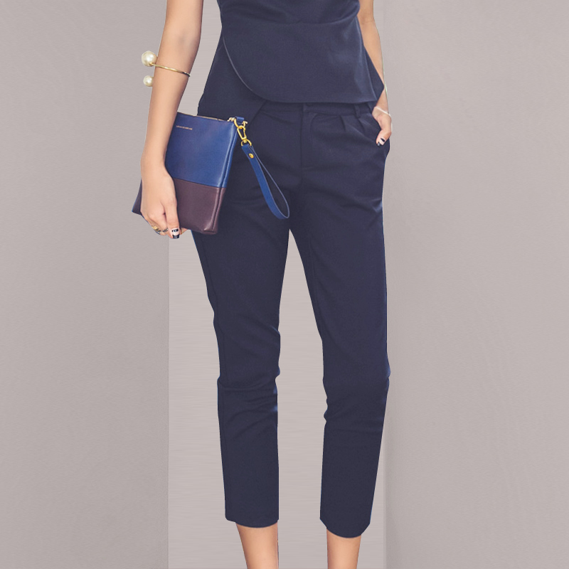 Summer 2 Piece Set Elegant Solid Color Office OL Work Lady Sleeveless Slim Blouse + pencil Pants Suit Female 210519