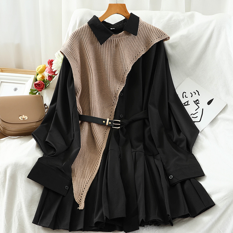 Sweet Suit Women Japan Single Breasted Turn-Down Collar Pleated Dress +Irregular Drawstring Knitted Vest Two Piece Set PL548 220310