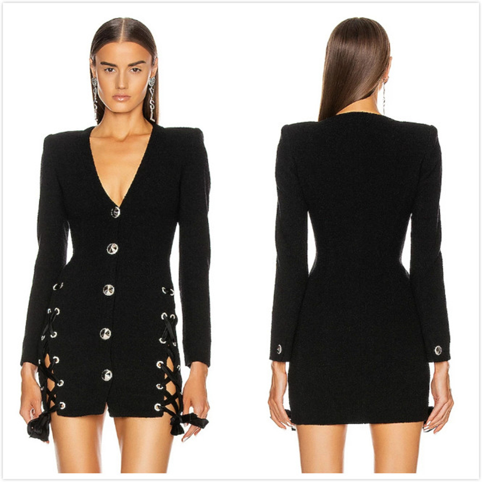 Free Women Black Lace-Up Bandage Dress Sexy V-neck Long Sleeve Bodycon Button Celebrity Club Party 210524