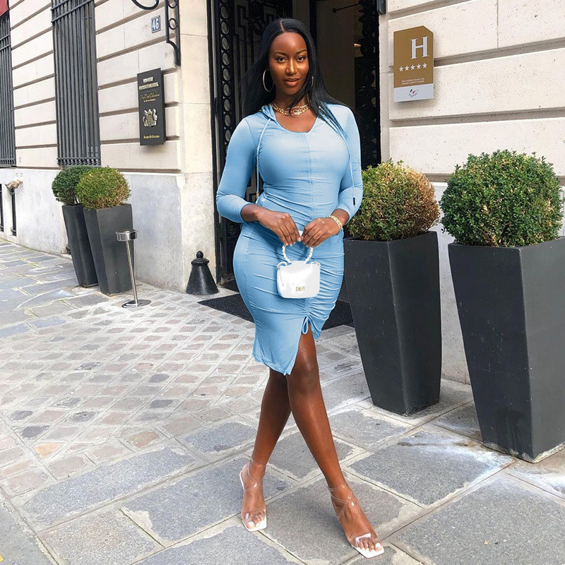 CNYISHE Fashion Casual Hooded Drawstring Dress Women Spring Bodycon Bandage Midi Ruched Dresses Female Black Robes Vestidos 210419