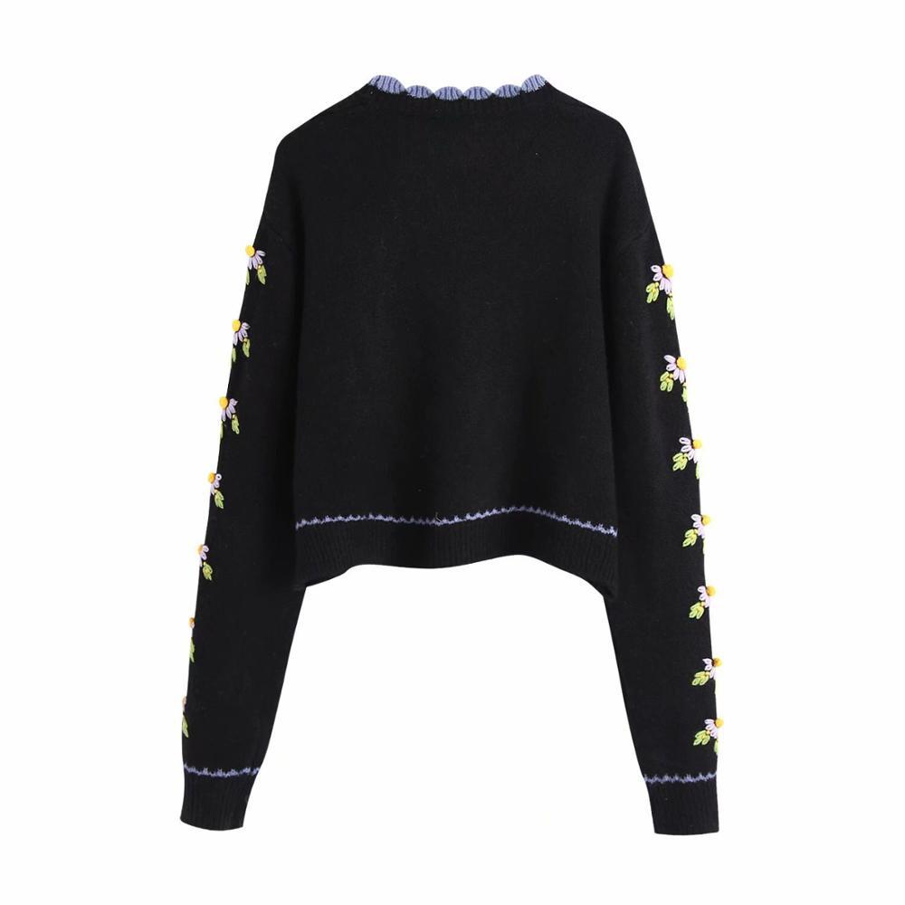 French Style Wave edged Knitting Cardigan Women Single-breasted Button Long Sleeve Embroidery Flower Sweater Jumper Knitwear 210429