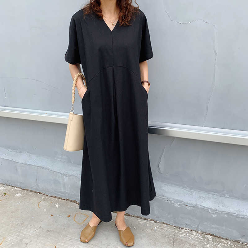 Minimalist Chic Drop Sleeves Women's Simple Solid V-neck Large Pocket Short Sleeve Linen Dress Fashion Long Maxi Vestido 210601