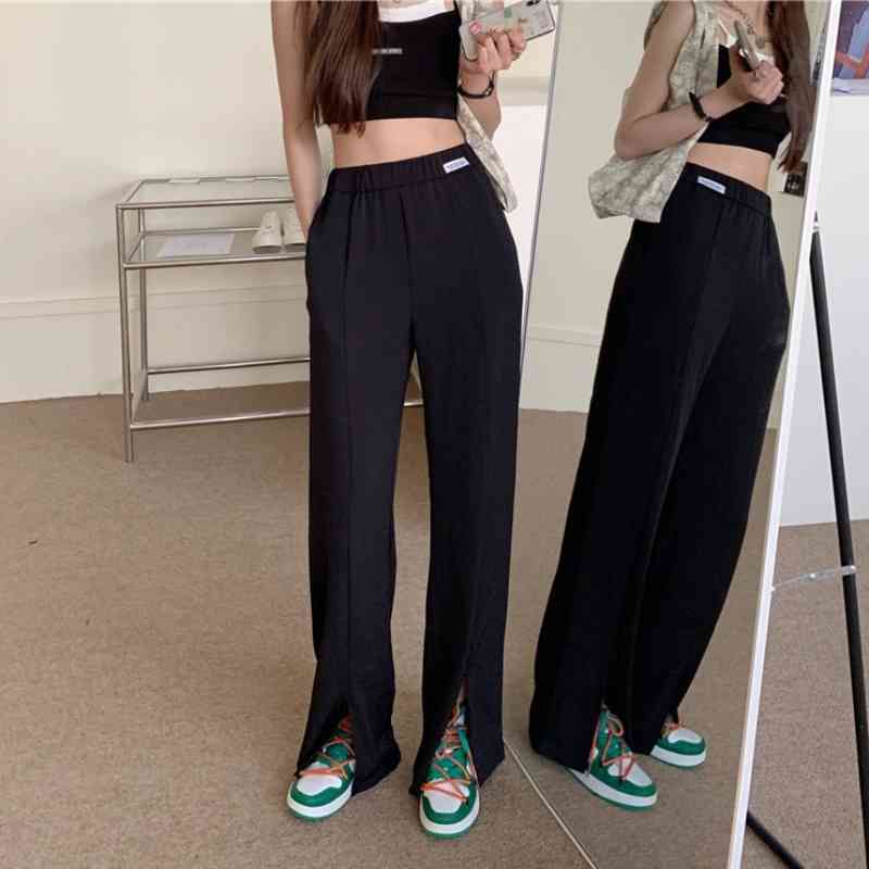 Pants & Capris Korean Solid White Waist Elastic Casual Loose Black Straight Split Wide Leg Pant Mopping Mujer Pantalones Pink 210429