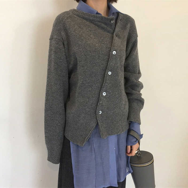Yitimoky Khaki Cardigan for Women Sweater Irregular Knitted Oblique Single Breasted Fall Clothes Grey Casual Fashion 210914