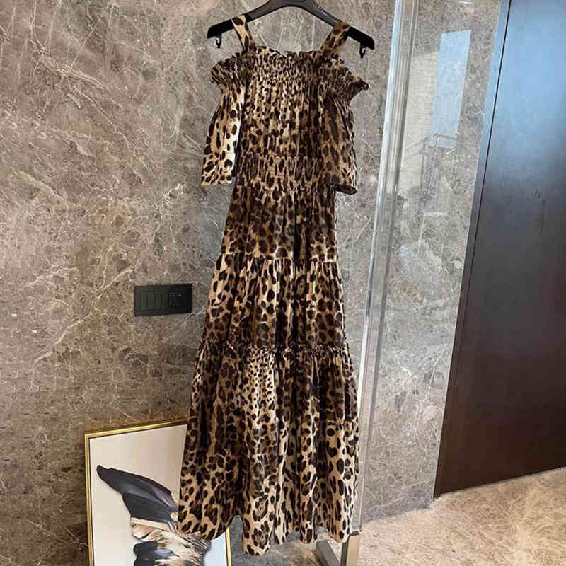 Leopard Print Sling Dress For Women Square Collar Short Sleeve High Waist Sexy Midi Dresses Female Summer 210520