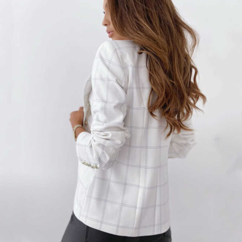 Women Fall Winter Plaid Print Blazer Jacket Casual Lapel Slim Double Breasted Female Coat Tops Work Office Lady Suit 210526