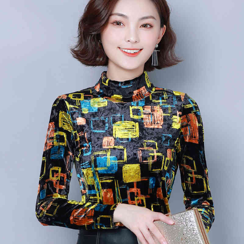 Autumn Winter Fashion Long Sleeve Turtleneck Women Blouses Print Pullover Slim Shirts Plus Size Ladies Tops 6513 50 210508