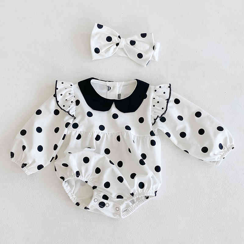 Spring Autumn Infant Baby Girls Rompers Clothes Bodysuit Dot Long Sleeve And Hair Band 210429