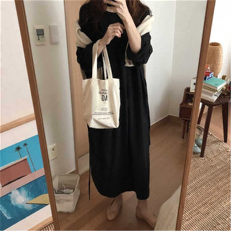 Autumn Pullover Bottoming Solid O Neck Full Casual Lace Up Loose Long Cotton and Linen Dress for Women 210615Z
