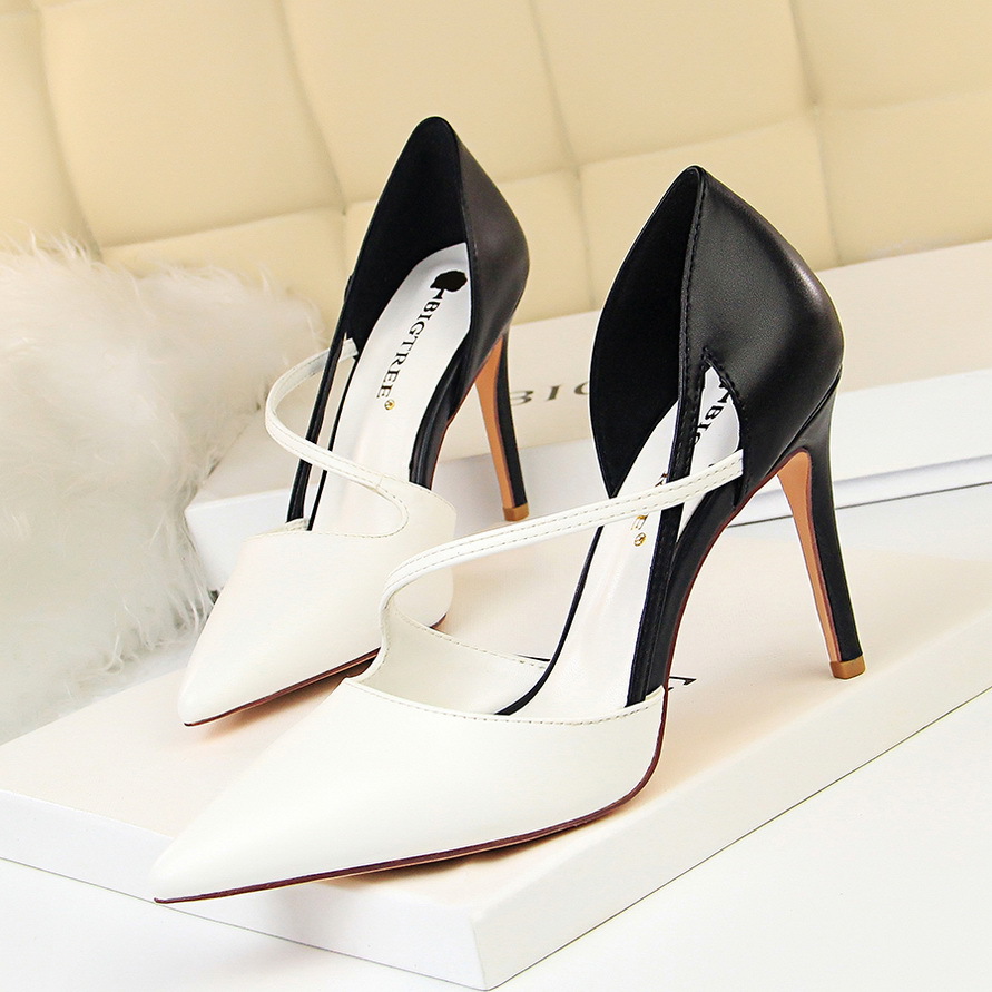 koreanstyle fashionable sweet high heels womens highheel shallowmouth pointedtoe color matching hollow a line thin shoes