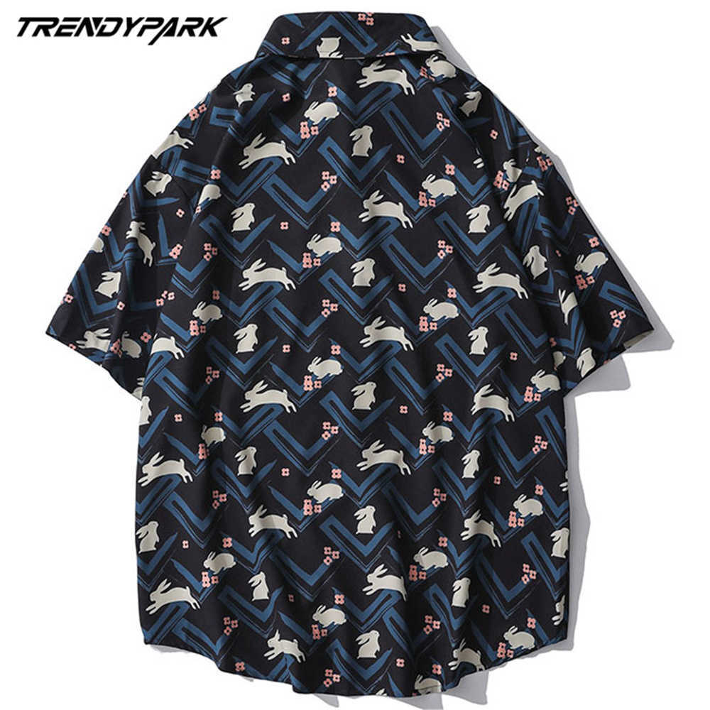 Mens Summer Vintage Rabbits Print Fashion Shirts Casual Short Sleeve Beach Tops Black Loose Casual Unique Charm Shirt Tops 210601