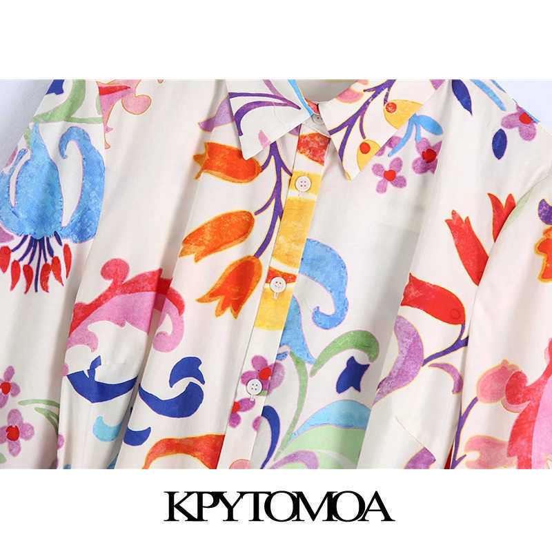 KPYTOMOA Women Chic Fashion With Belt Floral Print Midi Dress Vintage Three Quarter Sleeve Button-up Female Dresses Mujer 210630