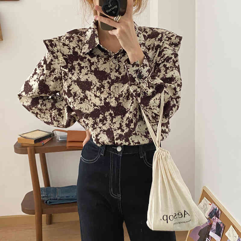 Vintage Printed Loose Fashion Lapel Retro Work Wear Blouse Brief Office Lady Chic Elegance Women Gentle Shirts 210421