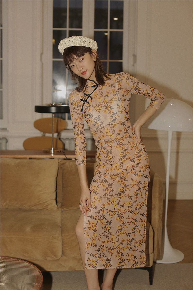 Vintage Long Midi Mesh Dress Women Mandarin Collar Bodycon Ladies Summer Floral Print Side Slit 210427