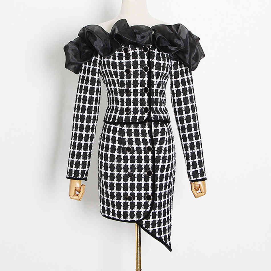 Summer Ladies Sexy 2-Piece Set Strapless Ruffled Double-Breasted Tweed Short Jacket + Irregular Skirt Fashion Suit 210525