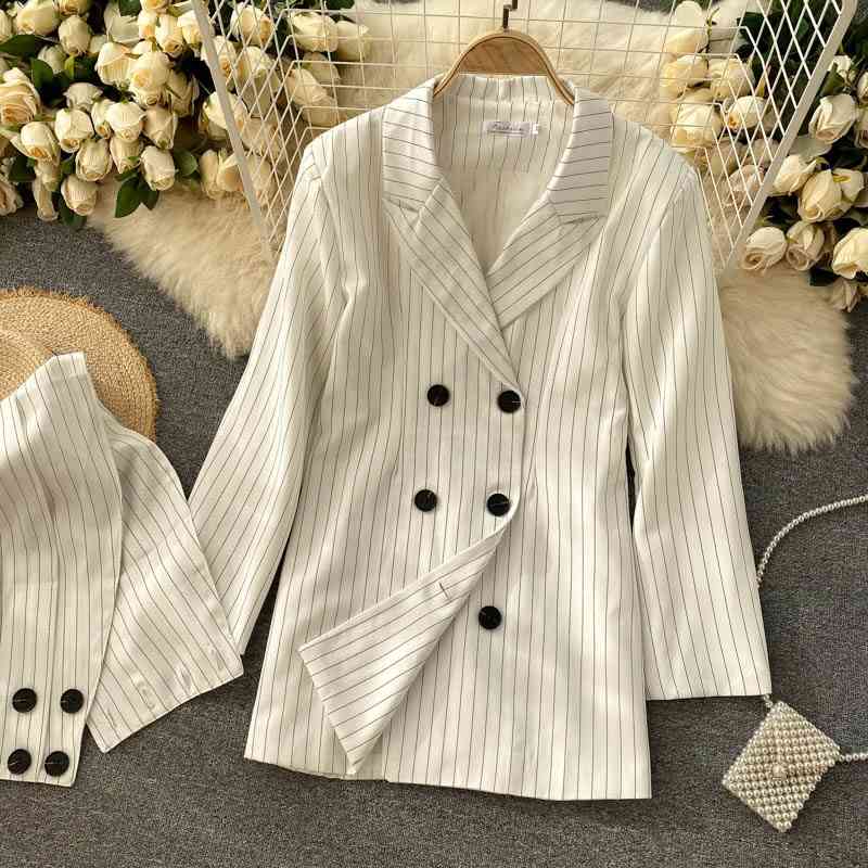 [EWQ] Sweet Long Sleeve Women Trend Coat Feminino Loose Notched Neck Office Lady Black Striped Blazer Spring 16W74601 210423