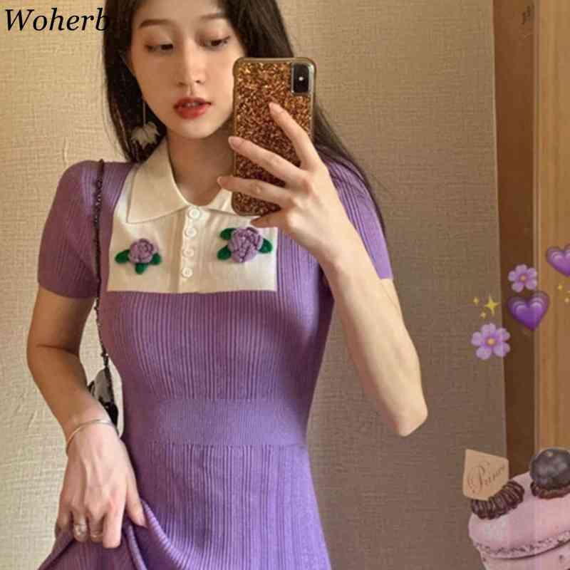 Summer Purple Dress Women Slim Bodycon Knit Stretch Dresses Floral Patch Sexy Short Sleeve Robe Korean Elegant Vestidos 210519