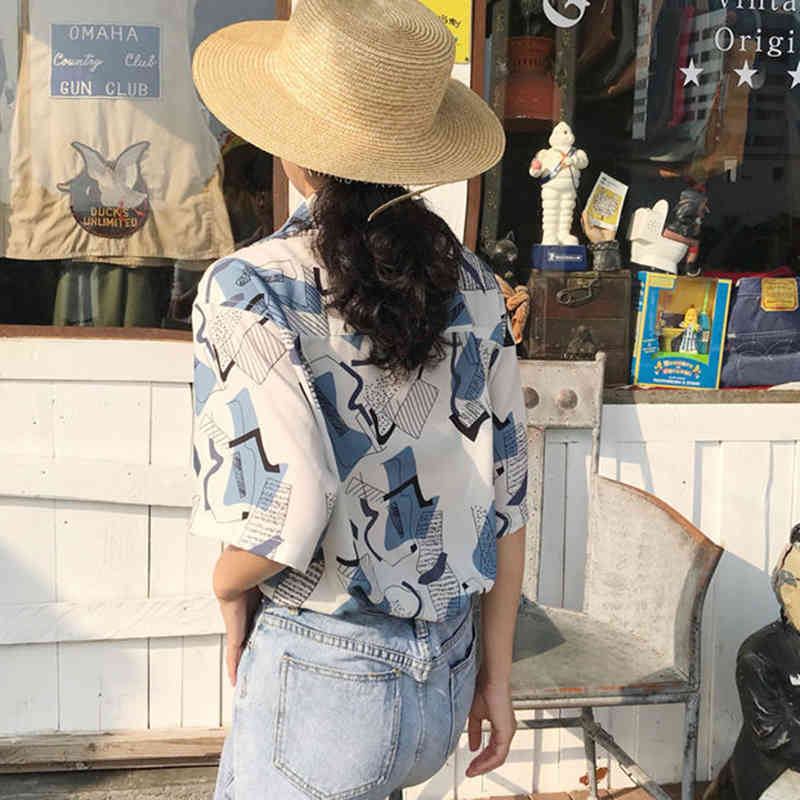 Lucyever Fashion Printed Turn Down Callor Shirts Women Casual Loose Short Sleeve Blouse Woman Summer Vintage Streetwear Ladies 210521