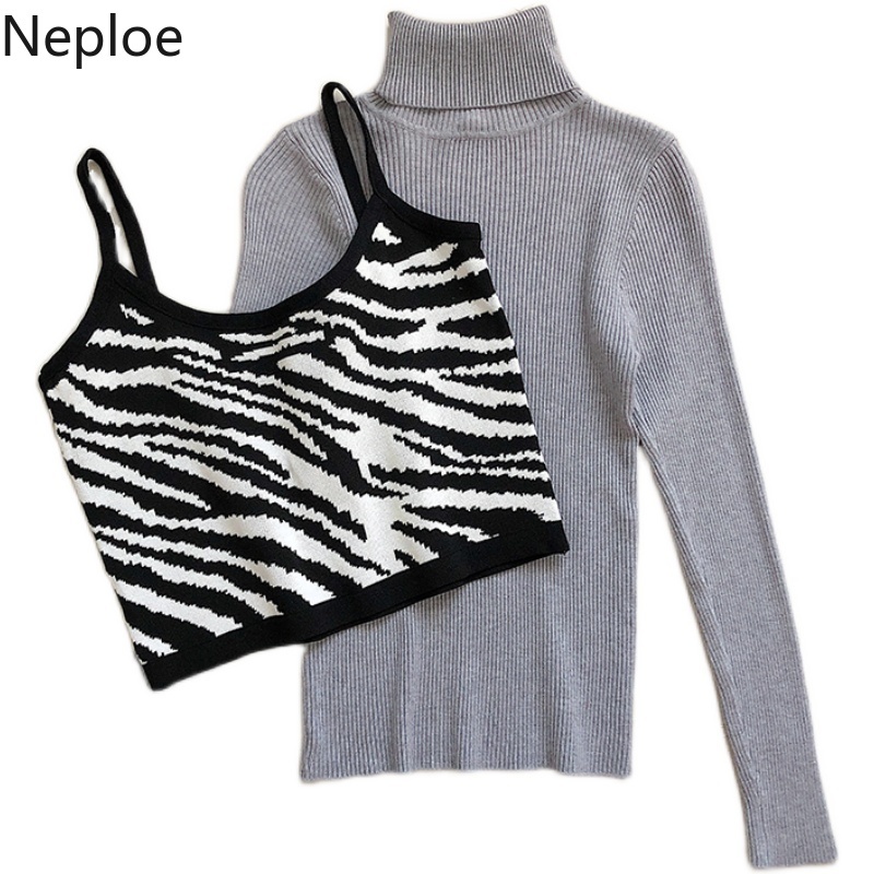 Neploe Two Piece Outfits for Women Korean Fashion All-match Suit Knitted Pullover Zebra Stripe Sling Fall Clothes 2 Piece Set 210422