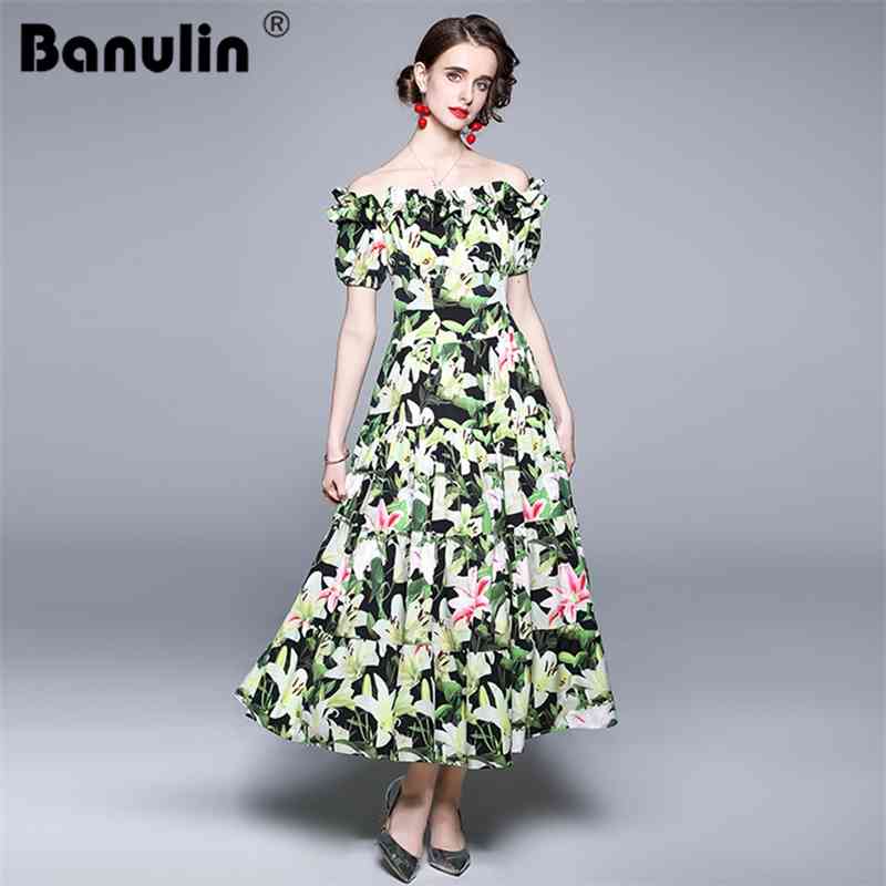 Banulin Summer Fashion Runway Holiday Boho Long Dress Women's Ruffles Slash Neck Puff Sleeve Floral Print Beach 210603, Green 
Banulin Summer Fashion Runway Holiday Boho Long Dress Women's Ruffles Slash Neck Puff Sleeve Floral Print Beach 210603, Green
