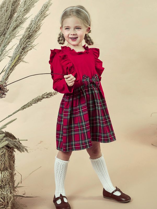 Toddler Girls Tartan Bow Front Ruffle Trim Frilled Neck Dress SHE