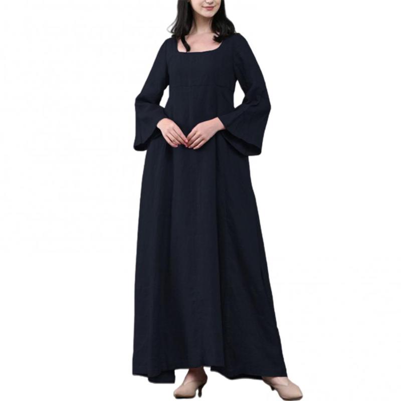 Casual Dresses 2021 Elegant Retro Women Long Sleeve O Neck Solid Color Large Hem Cotton Linen Plus Size Dress