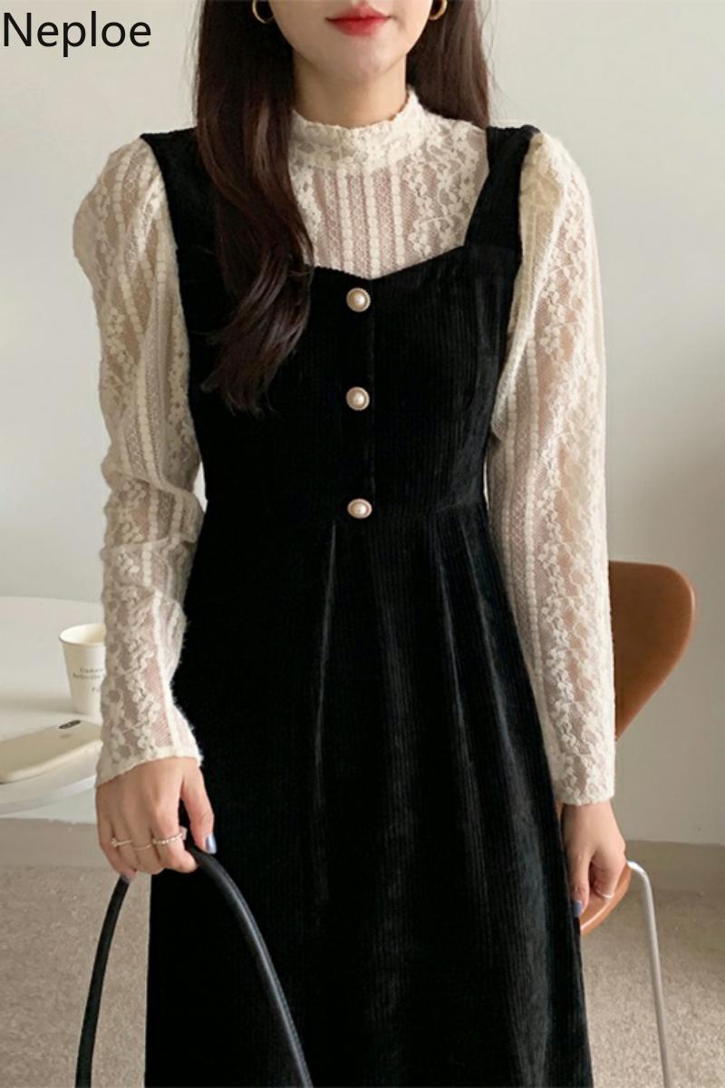 Neploe Elegant Lace Dress Long Sleeve Black Dresses Women Clothing Korean High Waist Vestidos Vintage Stand Neck Corduroy Robe 210422