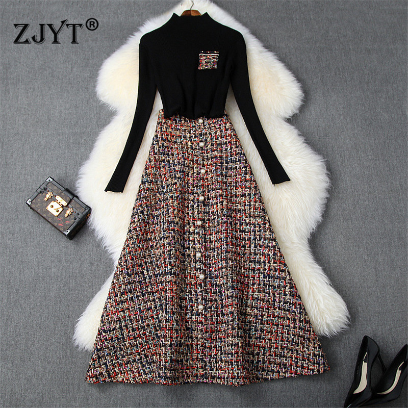

Female OEM Runway Fashion Autumn Winter 2 Piece Dress Set Women Ankle Length Party Outfits Black Pullover Knitted Sweater Top and Long Tweed Woolen Skirt Suit Twinset