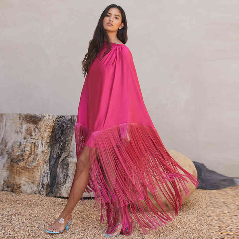 Free Chic Women Loose Dress Elegant O-Neck Spaghetti Strap Bodycon & Tassel Cloak Long Top Two Piece Set 210524