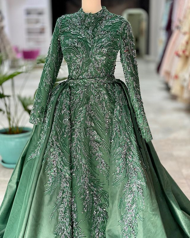 2022 Plus Size Arabic Aso Ebi Hunter Green Muslim Luxurious Prom Dresses Lace Beaded Evening Formal Party Second Reception Gowns Dress ZJ221
