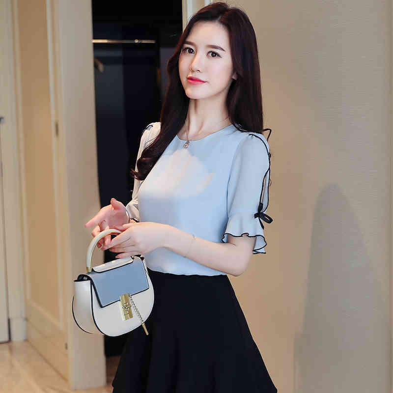 Fashion Chiffon Women Blouse Shirt Bow Short Sleeve Sweet Women's Clothing Pink O-neck Summer Feminine Tops Blusas D621 30 210508