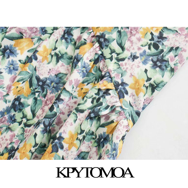 Women Chic Fashion Floral Print Ruffled Midi Dress O Neck Short Sleeve Irregular Female Dresses Vestidos 210420