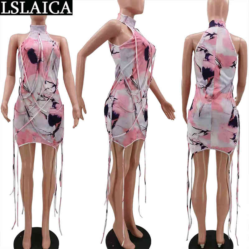 Dresses for Womem Sleeveless Print High Waist Criss-cross Sexy Party Night Club Dress Sex Mini Summer 210515