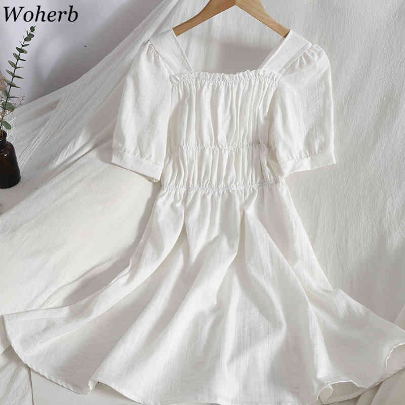 Pleated Slim Waist Dress Women Contrast Color Patchwork Short Sleeve Vestidos Korean Robe Square Neck Sweet Midi Dresses 210519