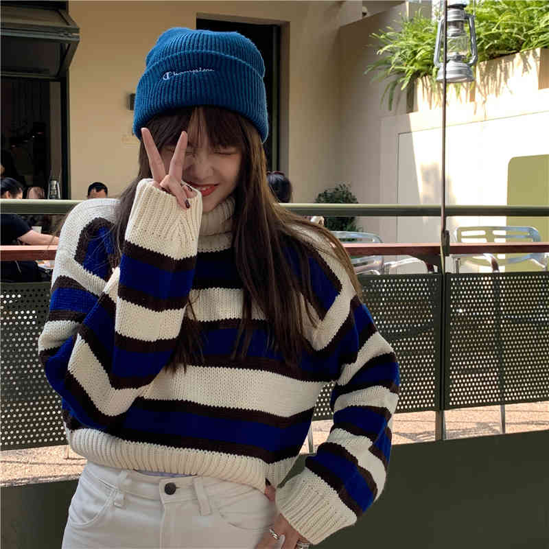 2Colors Autumn Winter Women Turtleneck Pullovers And Sweaters Korean style stripe thick Warm Female knitted Sweater (C8673) 210423