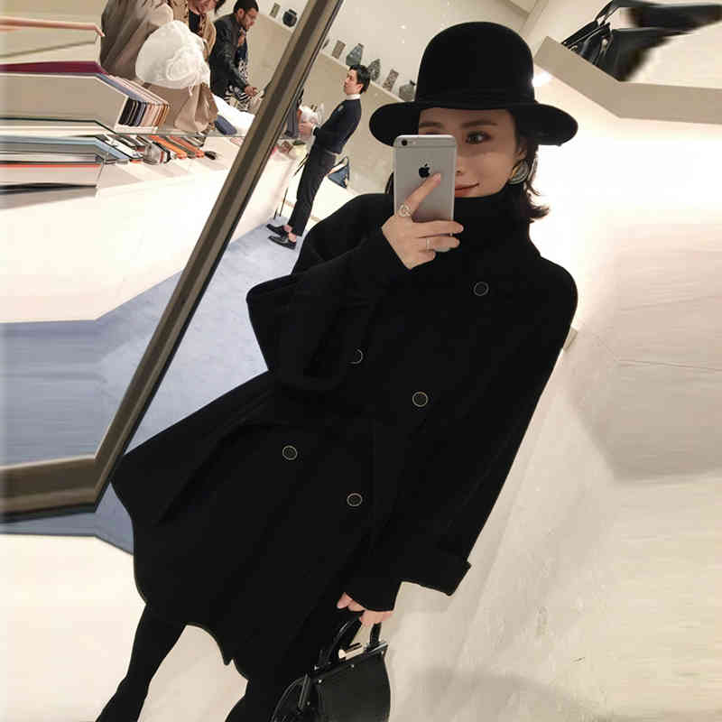 Fashion Solid Women Wool Blend Coat Autumn Winter Long Sleeve Turn-down Collar Outwear Jacket Casual Belt Woolen Coat 210414